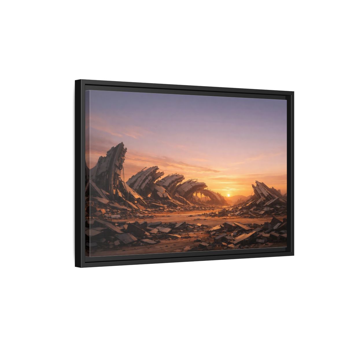 Side Mockup 3. Science Fiction Ruined City Orange And Purple shown as stretched canvas wall art