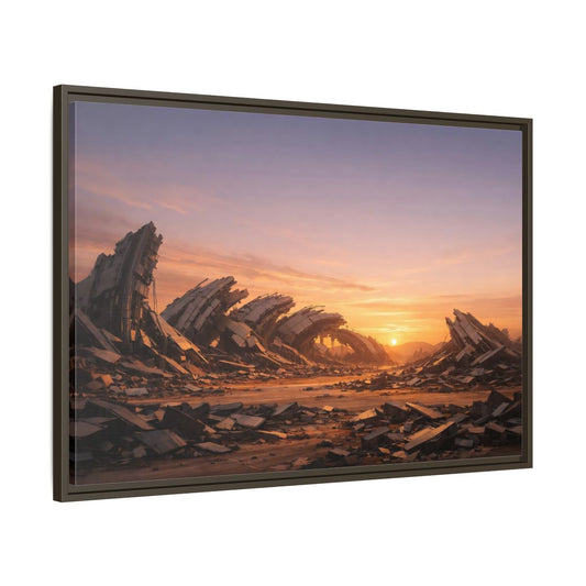 Main Mockup. Science Fiction Ruined City Orange And Purple shown as stretched canvas wall art