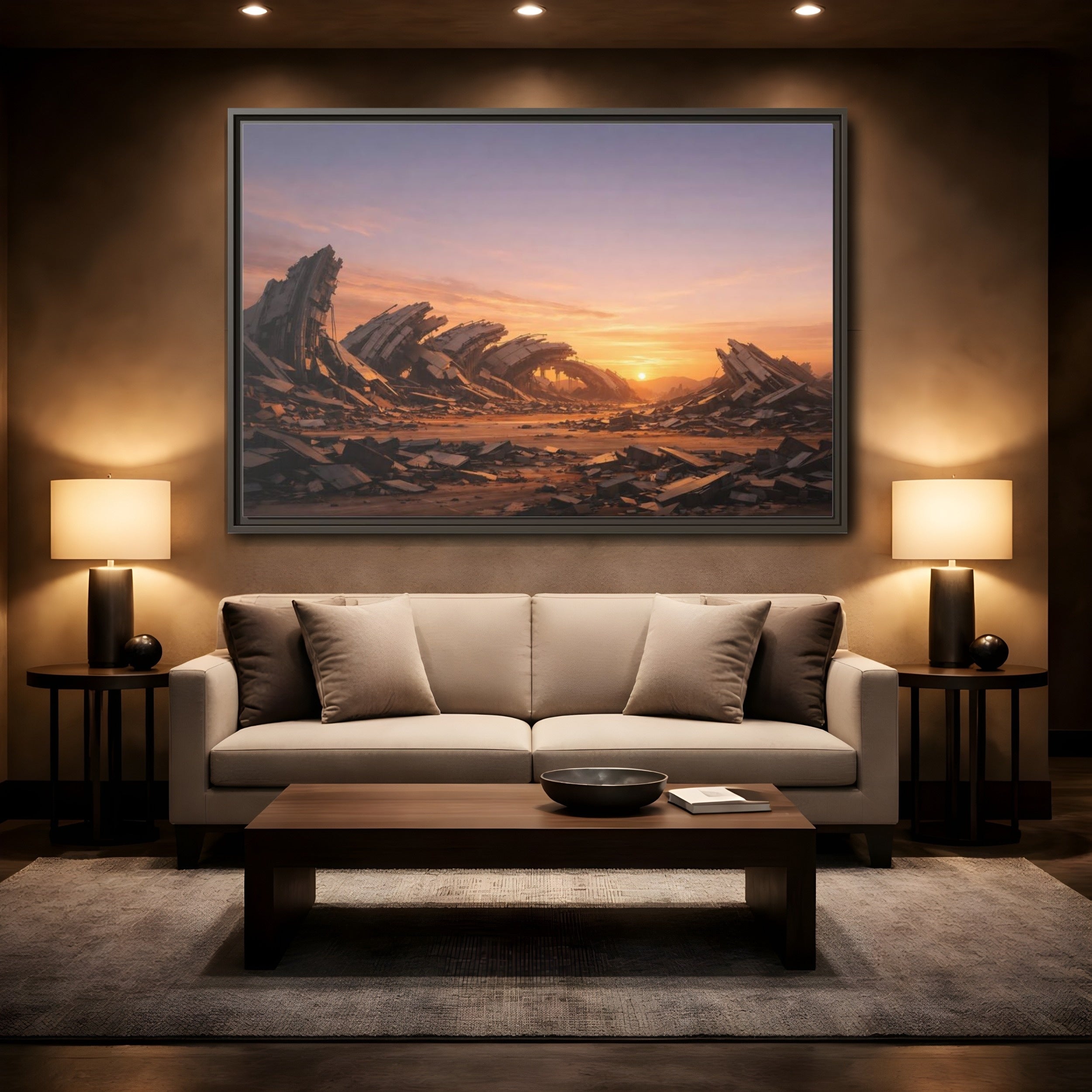 Mockup 2. Science Fiction Ruined City Orange And Purple shown as stretched canvas wall art