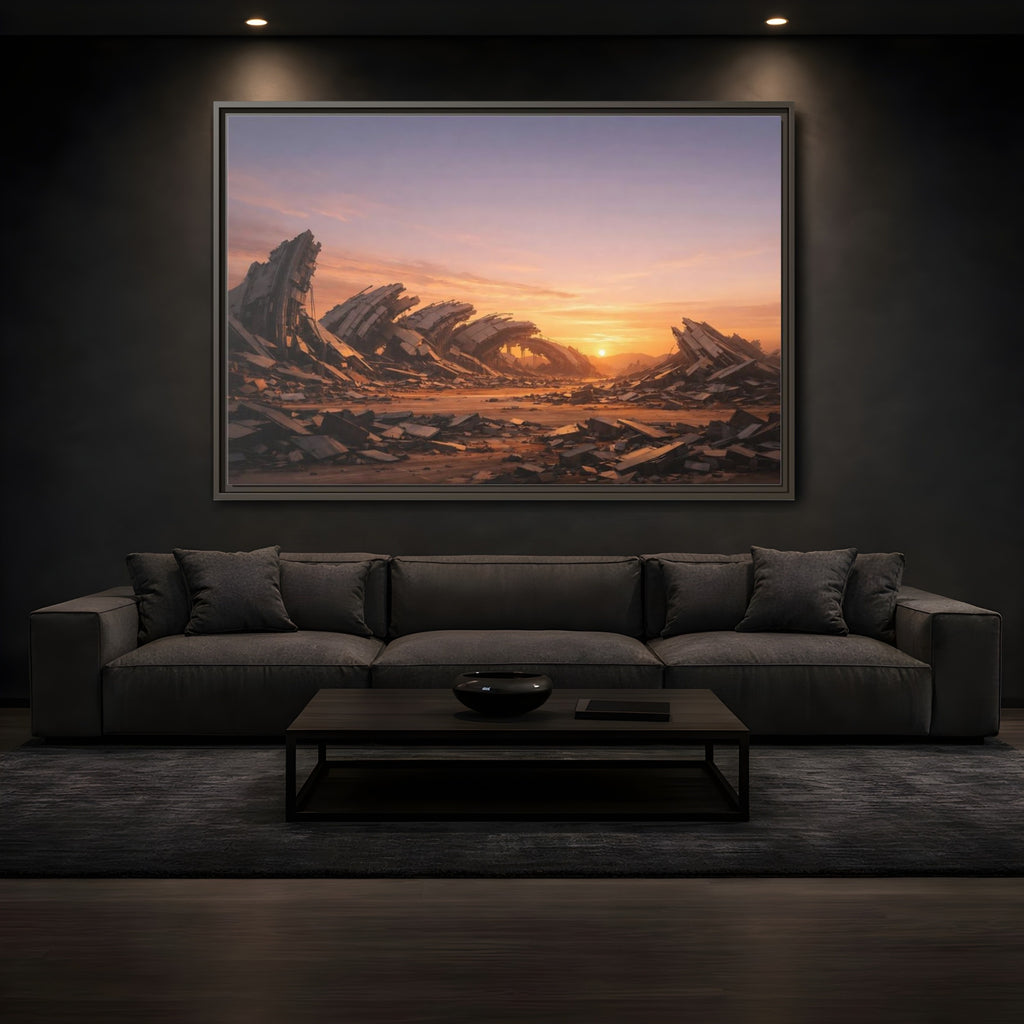 Mockup 3. Science Fiction Ruined City Orange And Purple shown as stretched canvas wall art