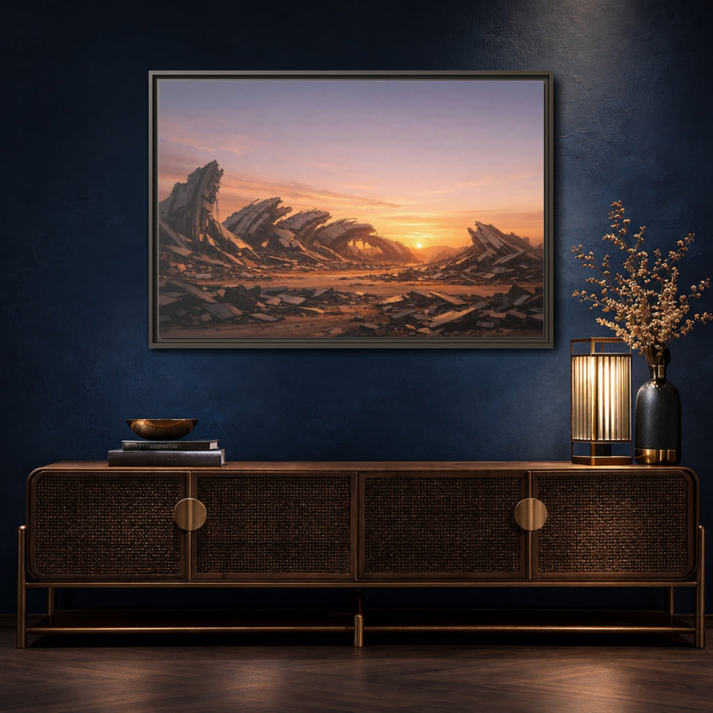 Mockup 4. Science Fiction Ruined City Orange And Purple shown as stretched canvas wall art