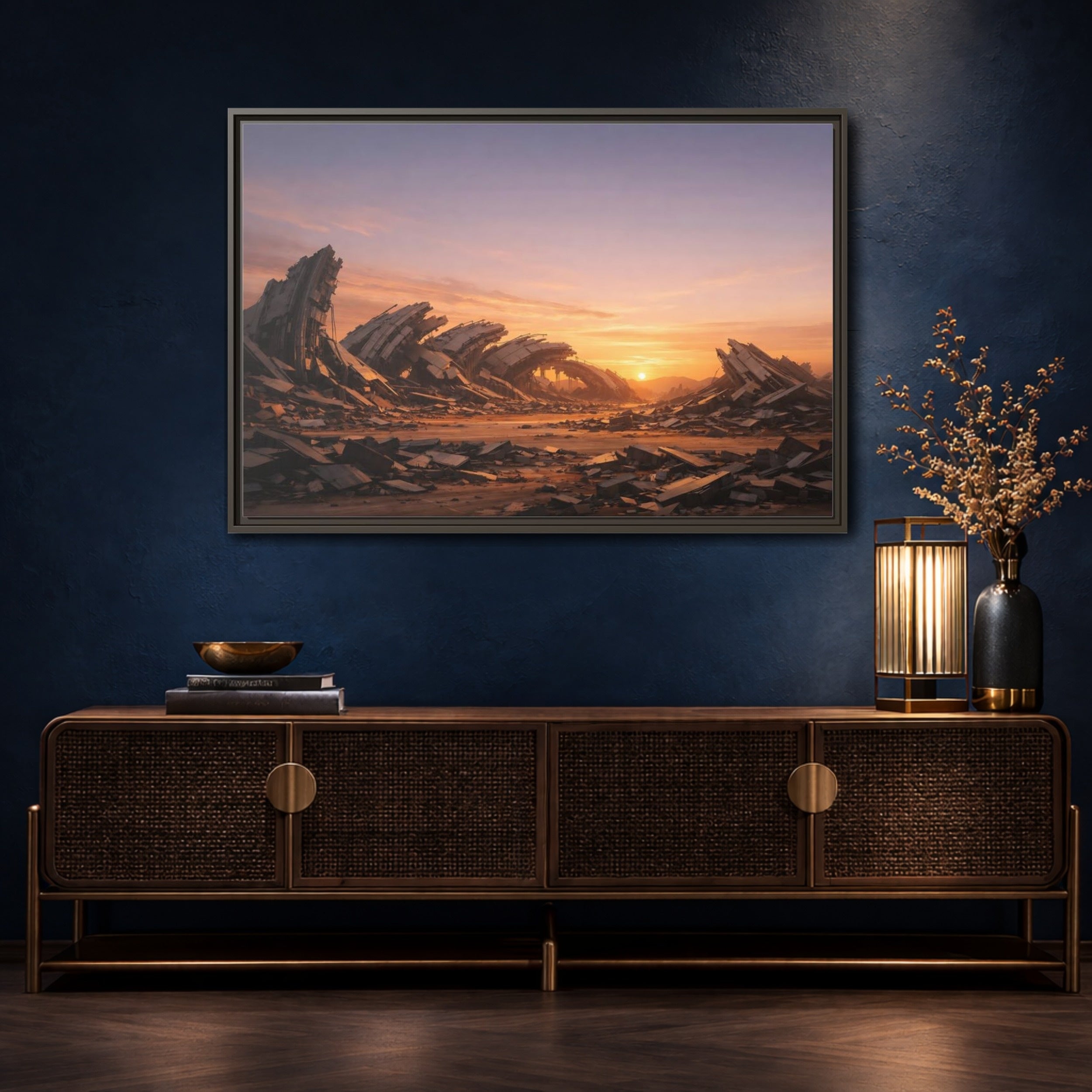 Mockup 4. Science Fiction Ruined City Orange And Purple shown as stretched canvas wall art