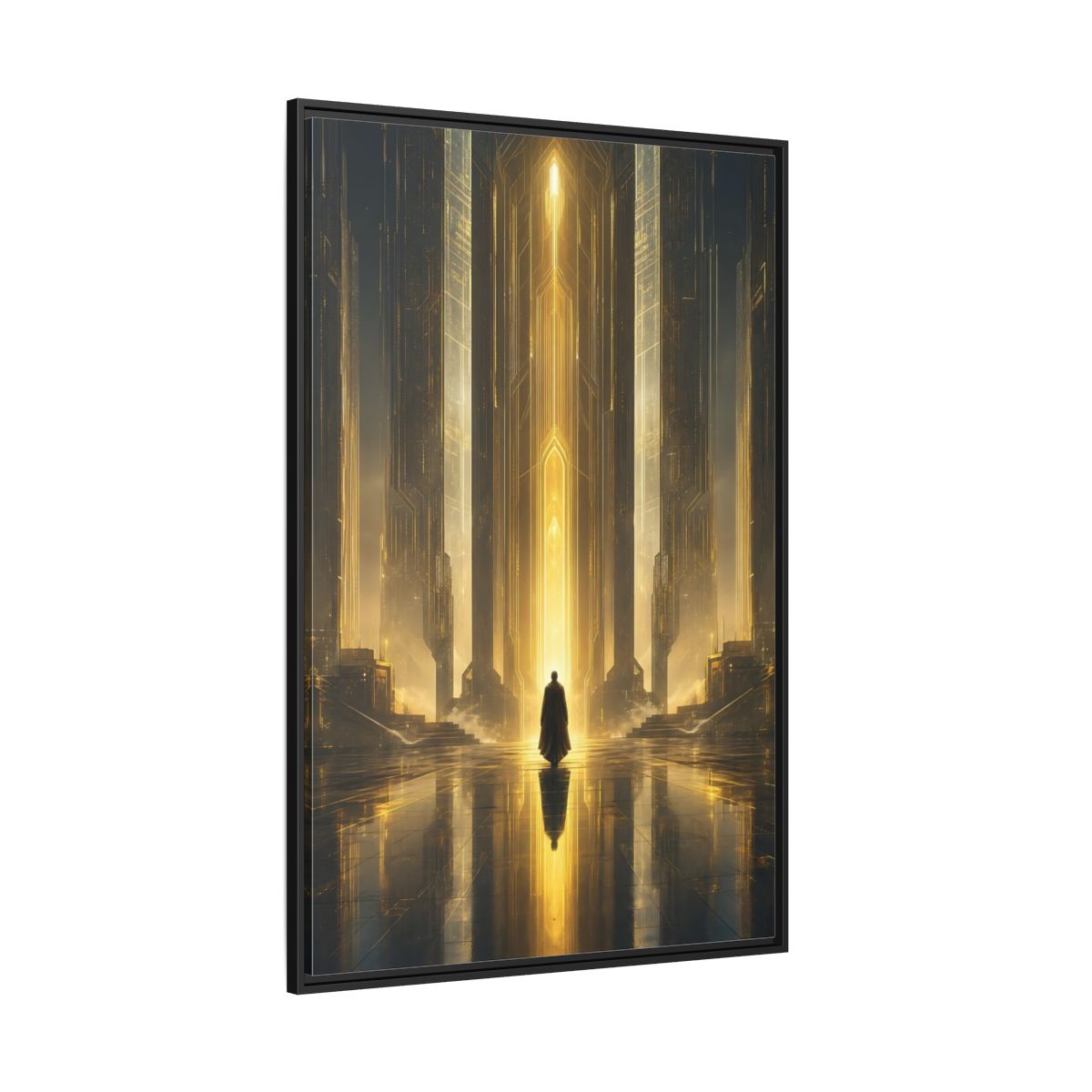 Science Fiction Sci-Fi City Golden Framed Canvas Wall Art - Futuristic Living Room shown as canvas wall art