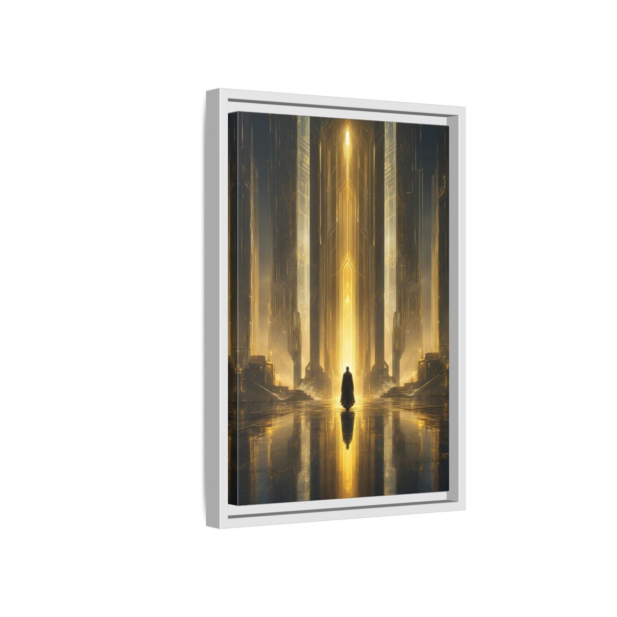 Science Fiction Sci-Fi City Golden Framed Canvas Wall Art - Futuristic Living Room shown as canvas wall art