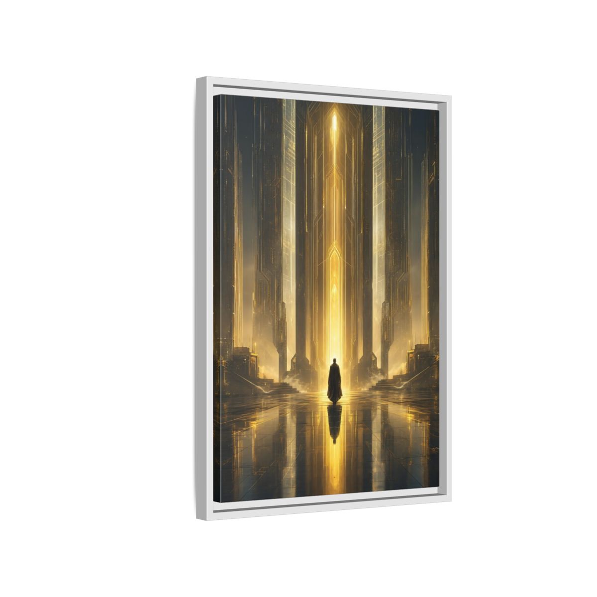 Science Fiction Sci-Fi City Golden Framed Canvas Wall Art - Futuristic Living Room shown as canvas wall art