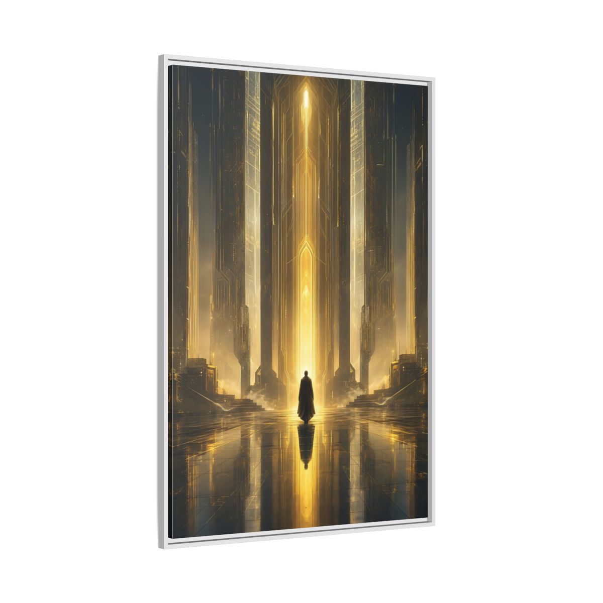 Science Fiction Sci-Fi City Golden Framed Canvas Wall Art - Futuristic Living Room shown as canvas wall art