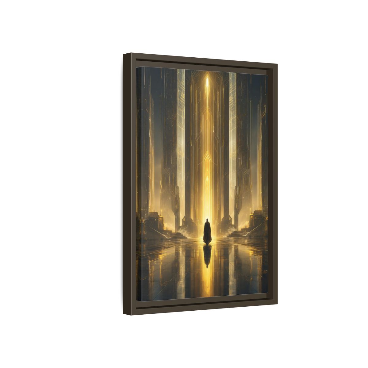 Science Fiction Sci-Fi City Golden Framed Canvas Wall Art - Futuristic Living Room shown as canvas wall art
