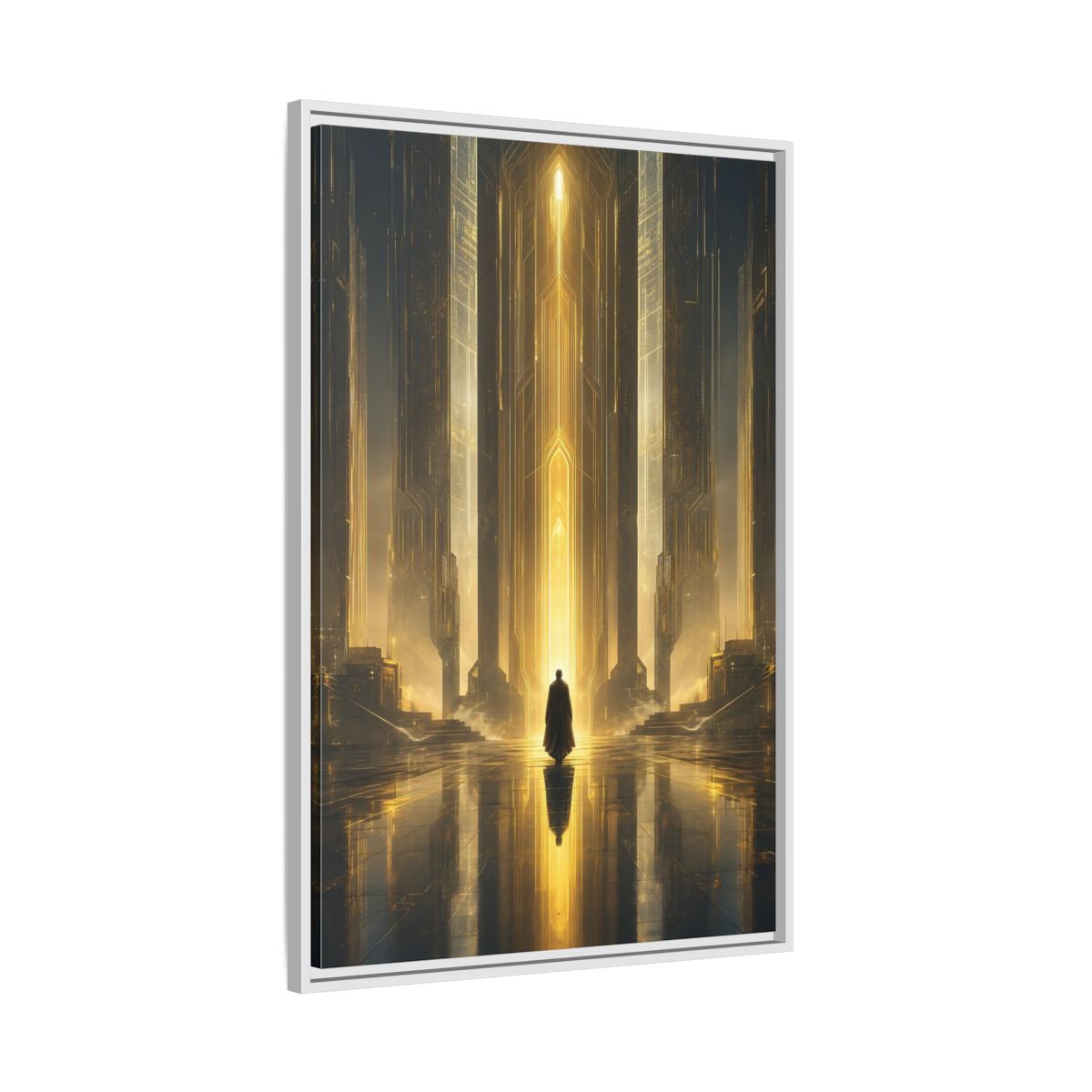 Science Fiction Sci-Fi City Golden Framed Canvas Wall Art - Futuristic Living Room shown as canvas wall art
