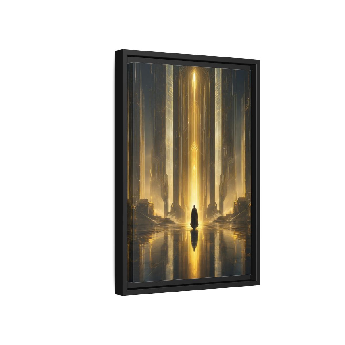Side Mockup 6. Science Fiction Sci-Fi City Golden Sci-Fi shown as stretched canvas wall art