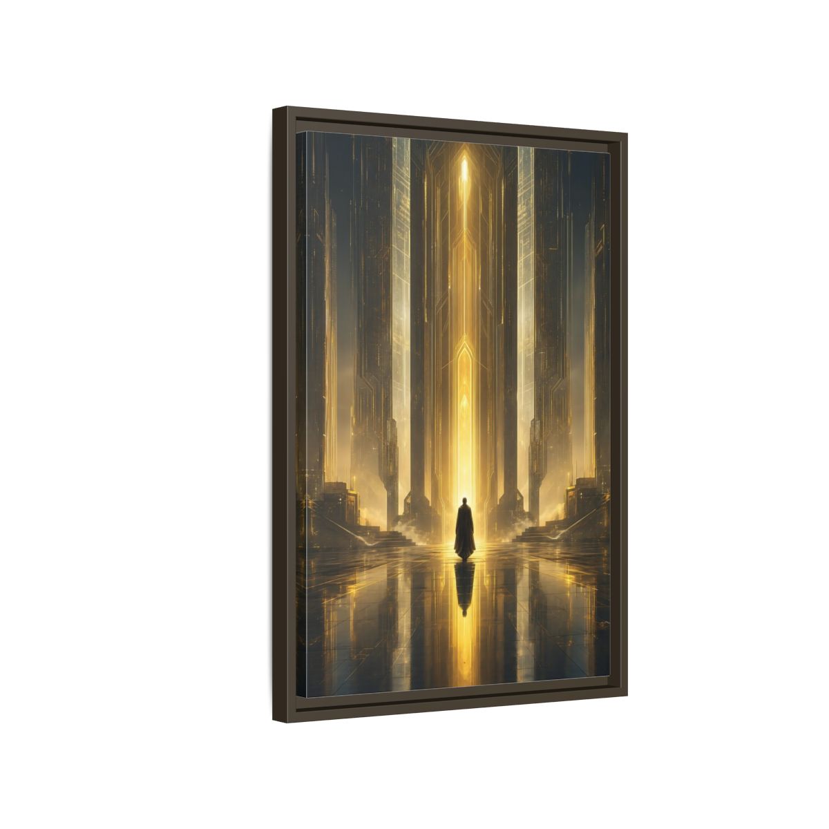 Science Fiction Sci-Fi City Golden Framed Canvas Wall Art - Futuristic Living Room shown as canvas wall art