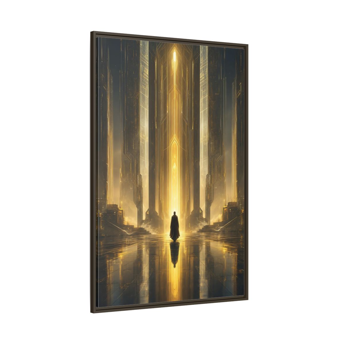 Science Fiction Sci-Fi City Golden Framed Canvas Wall Art - Futuristic Living Room shown as canvas wall art