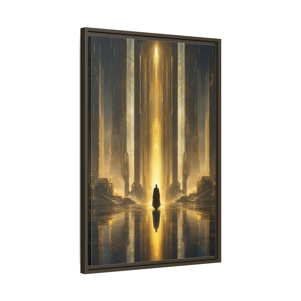 Science Fiction Sci-Fi City Golden Framed Canvas Wall Art - Futuristic Living Room shown as canvas wall art