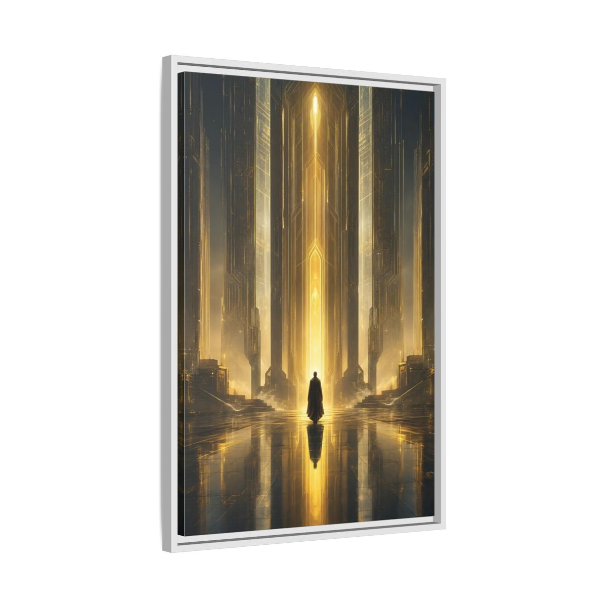Science Fiction Sci-Fi City Golden Framed Canvas Wall Art - Futuristic Living Room shown as canvas wall art