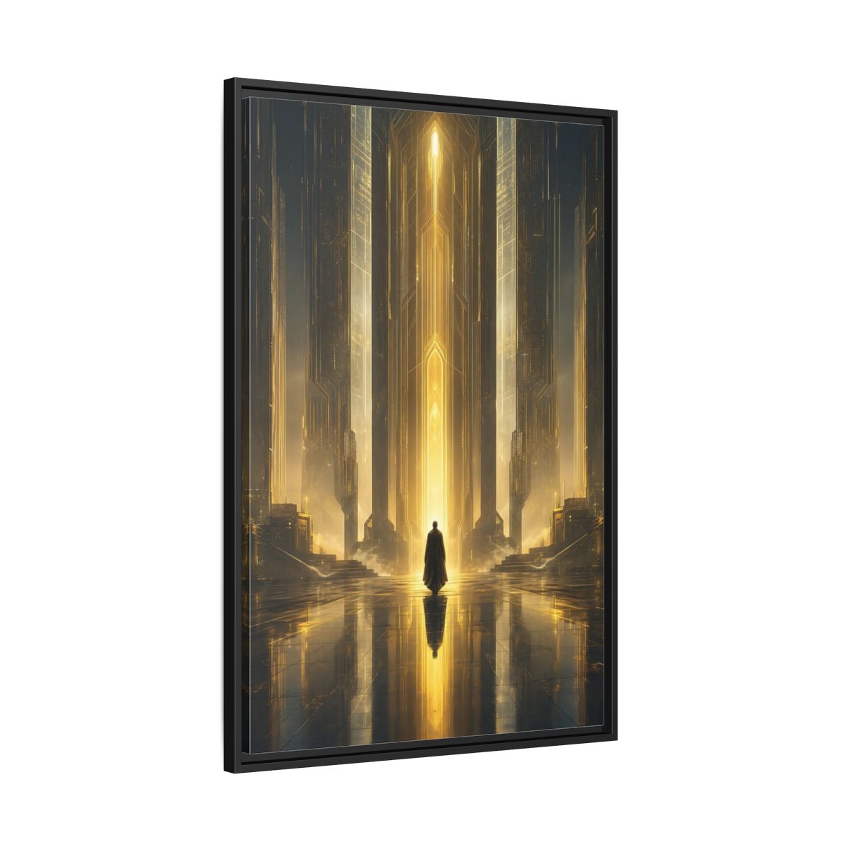 Science Fiction Sci-Fi City Golden Framed Canvas Wall Art - Futuristic Living Room shown as canvas wall art