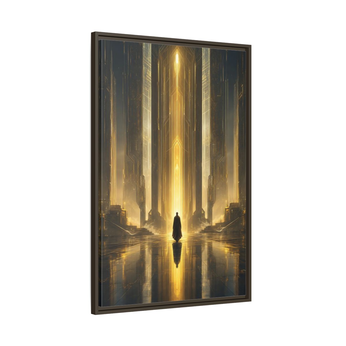 Science Fiction Sci-Fi City Golden Framed Canvas Wall Art - Futuristic Living Room shown as canvas wall art