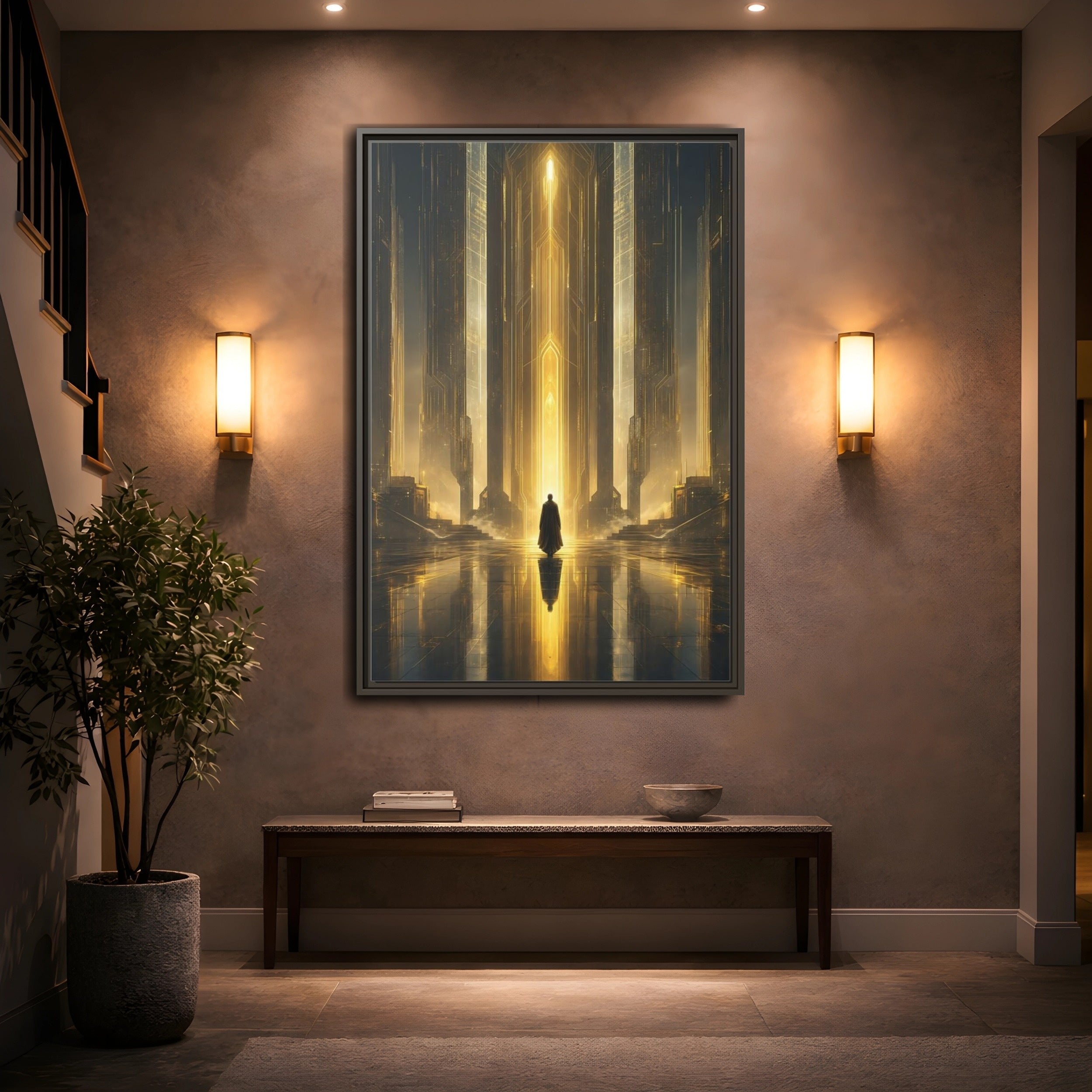 Mockup 2. Science Fiction Sci-Fi City Golden Sci-Fi shown as stretched canvas wall art