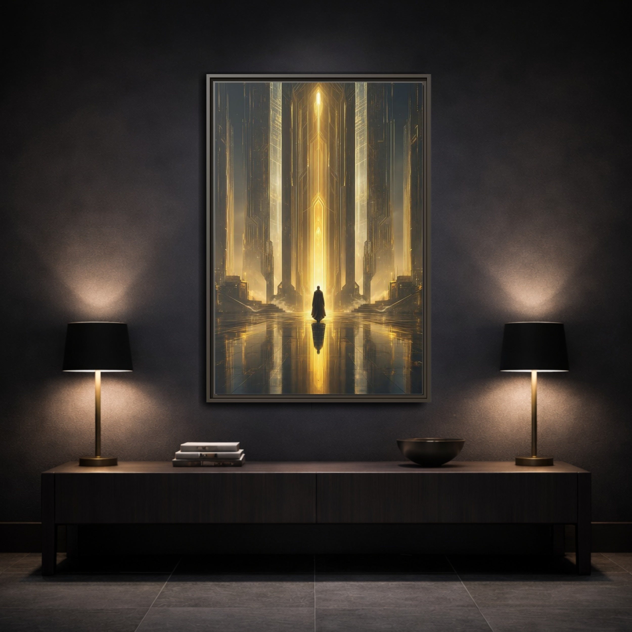 Mockup 3. Science Fiction Sci-Fi City Golden Sci-Fi shown as stretched canvas wall art