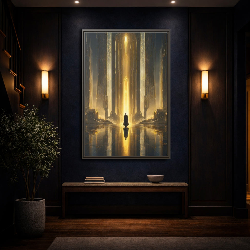 Mockup 4. Science Fiction Sci-Fi City Golden Sci-Fi shown as stretched canvas wall art