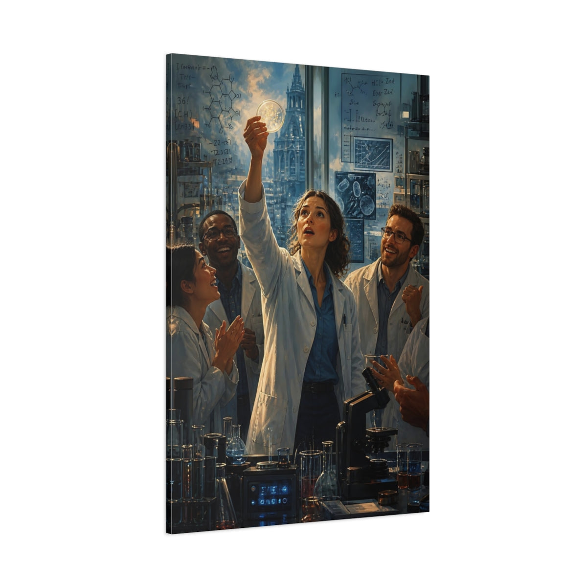 Side Mockup 1. Science Fiction Scientists Blue And White shown as stretched canvas wall art