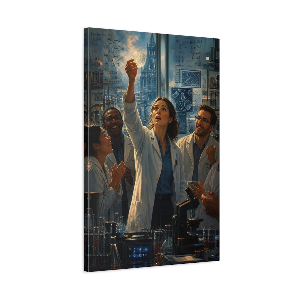 Side Mockup 2. Science Fiction Scientists Blue And White shown as stretched canvas wall art