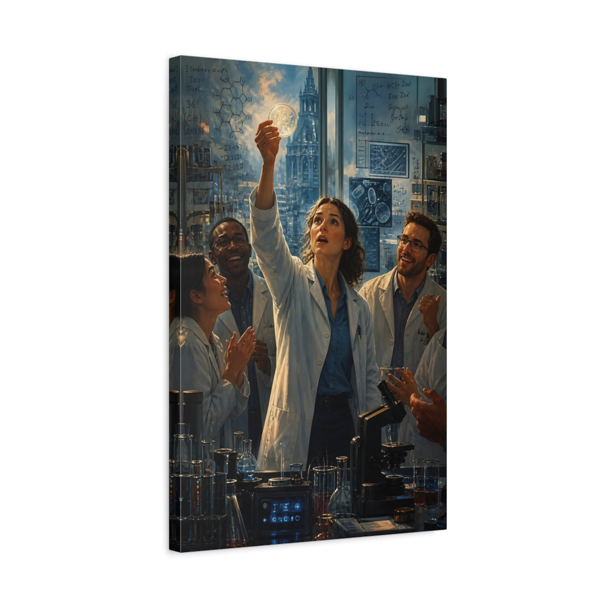 Side Mockup 3. Science Fiction Scientists Blue And White shown as stretched canvas wall art