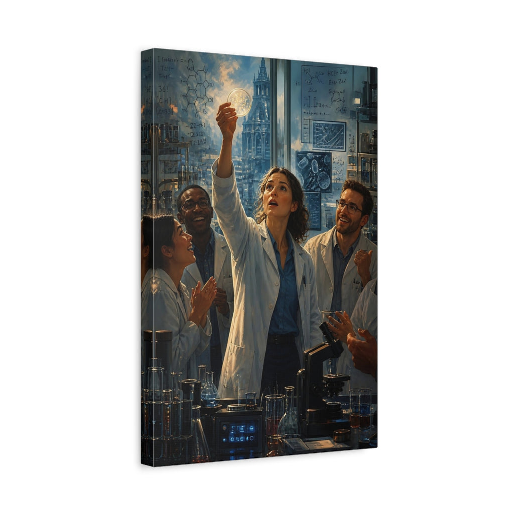 Side Mockup 4. Science Fiction Scientists Blue And White shown as stretched canvas wall art