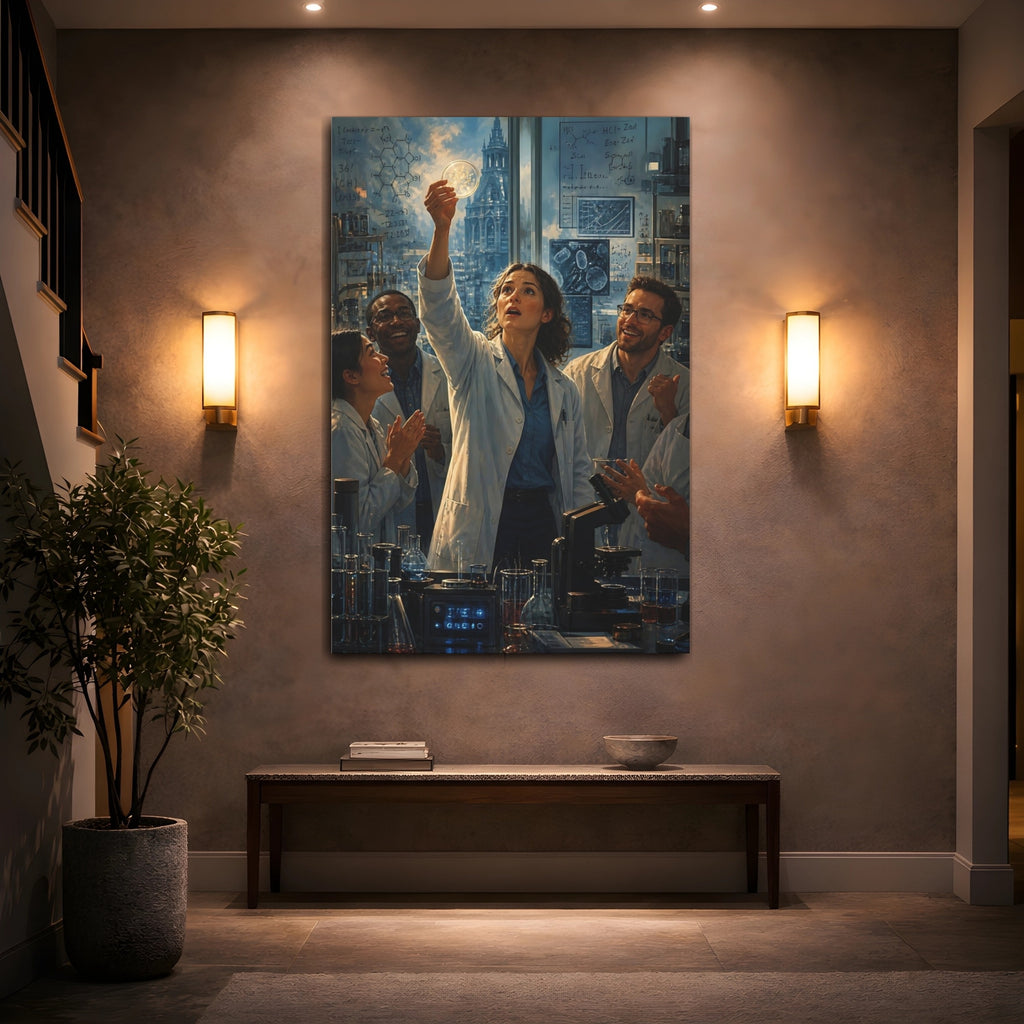Mockup 2. Science Fiction Scientists Blue And White shown as stretched canvas wall art