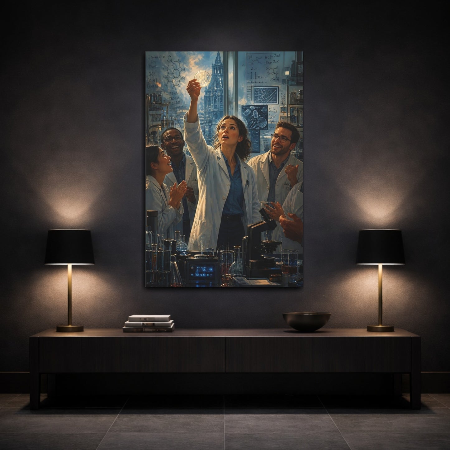 Science Fiction Scientists Blue and White Canvas Wall Art Print - Contemporary Office, Feature Wall shown as canvas wall art