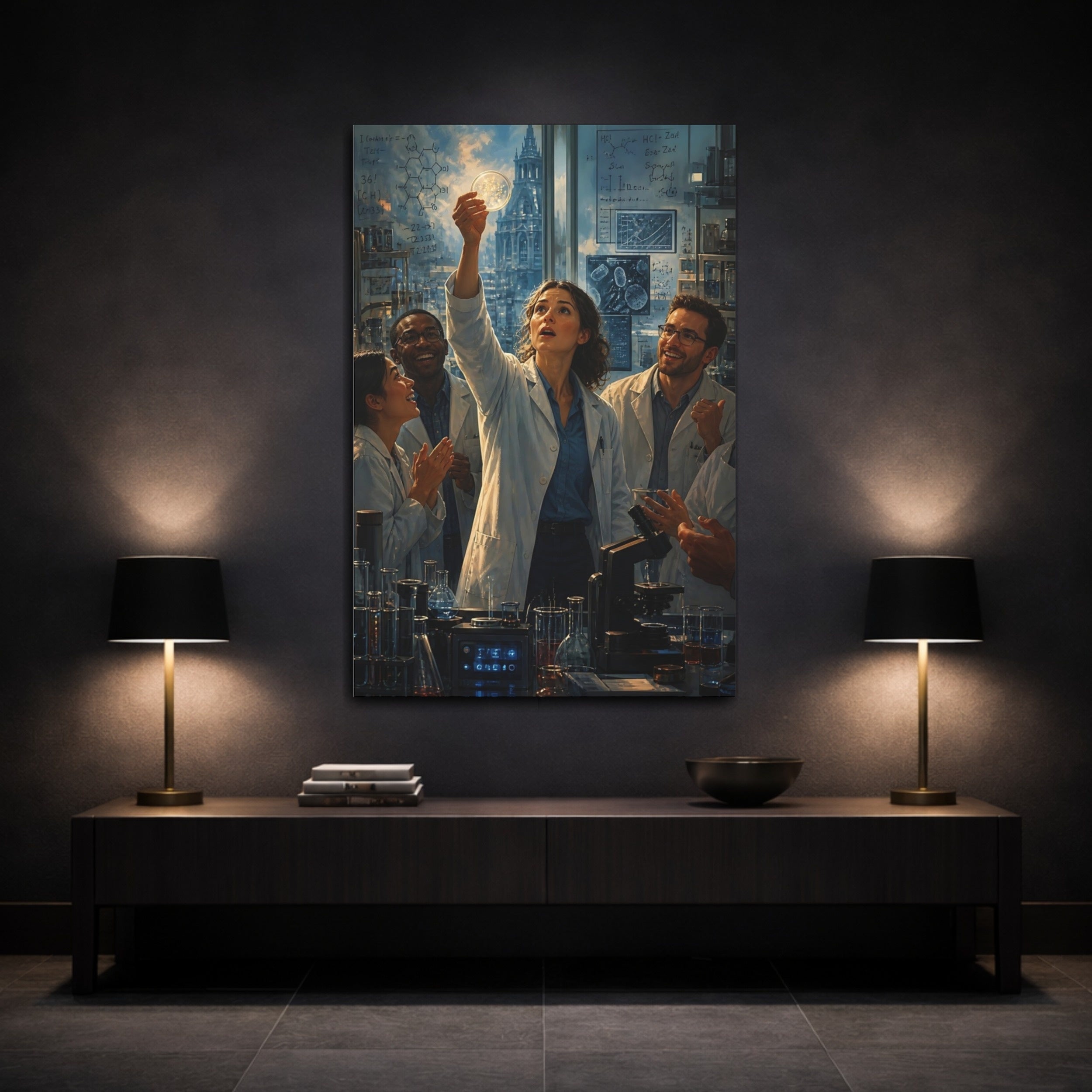 Mockup 3. Science Fiction Scientists Blue And White shown as stretched canvas wall art