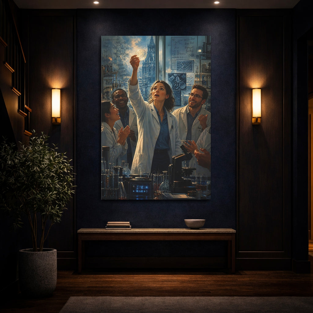 Mockup 4. Science Fiction Scientists Blue And White shown as stretched canvas wall art