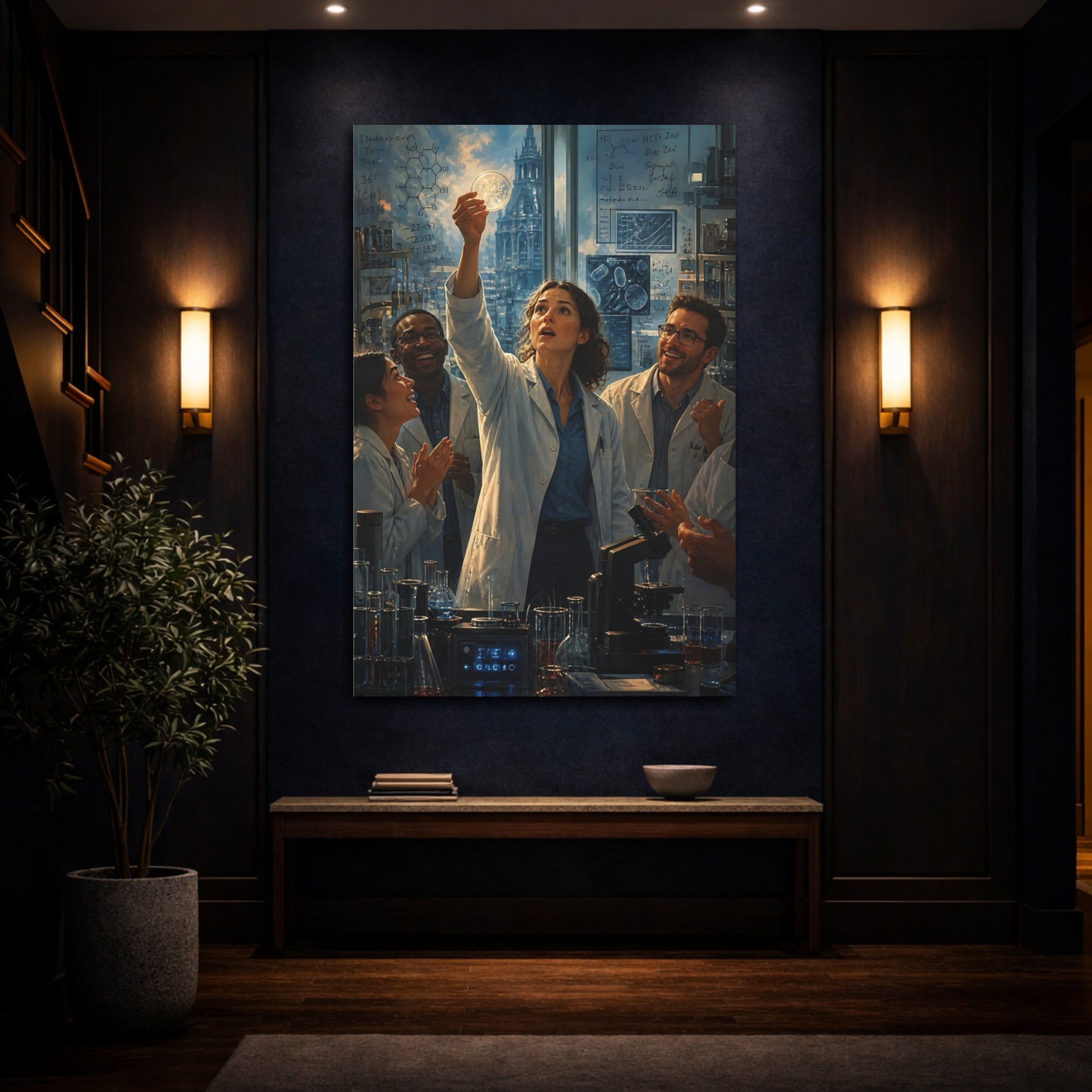 Mockup 4. Science Fiction Scientists Blue And White shown as stretched canvas wall art