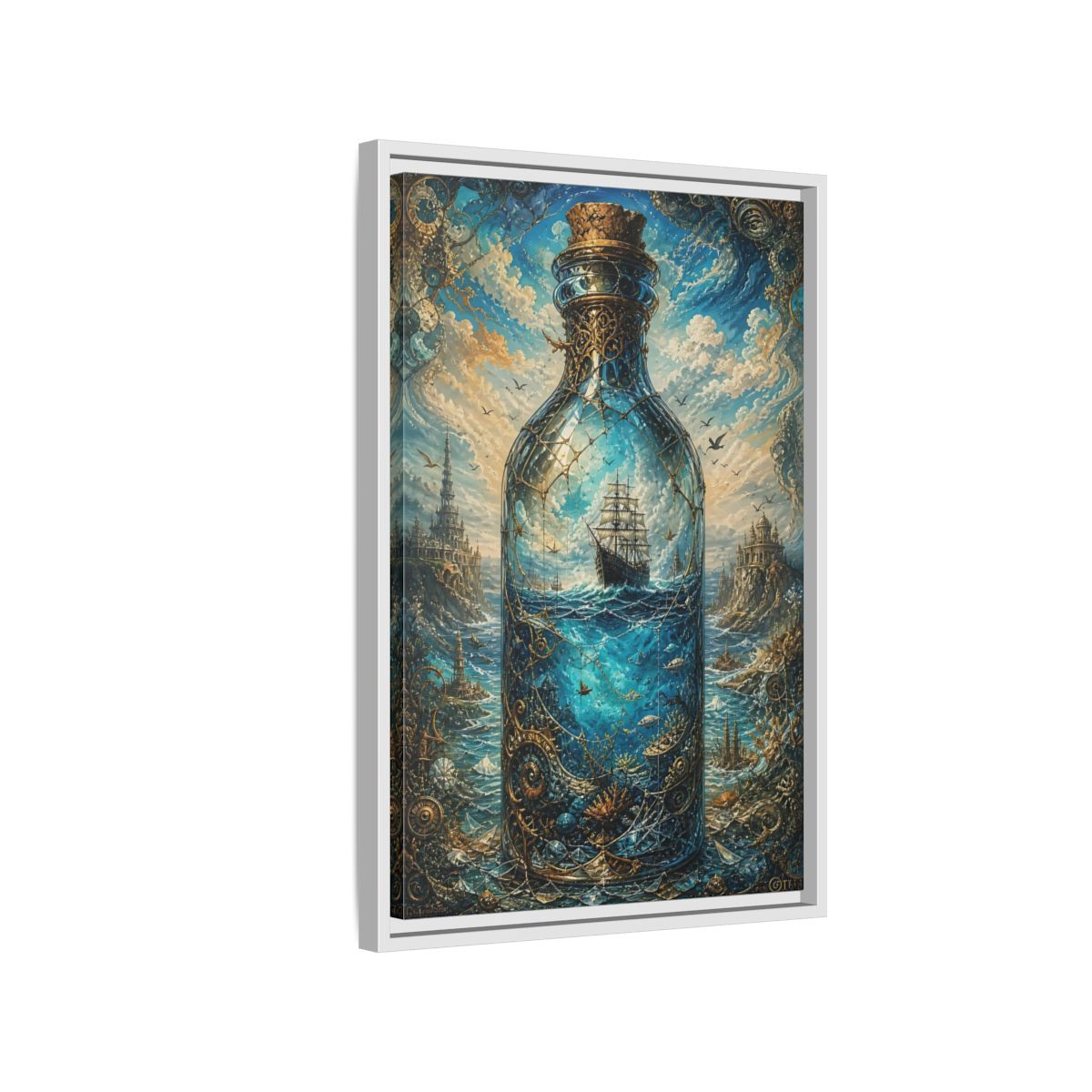 Side Mockup 1. Science Fiction Ship In Bottle Blue Gold Fantasy shown as stretched canvas wall art