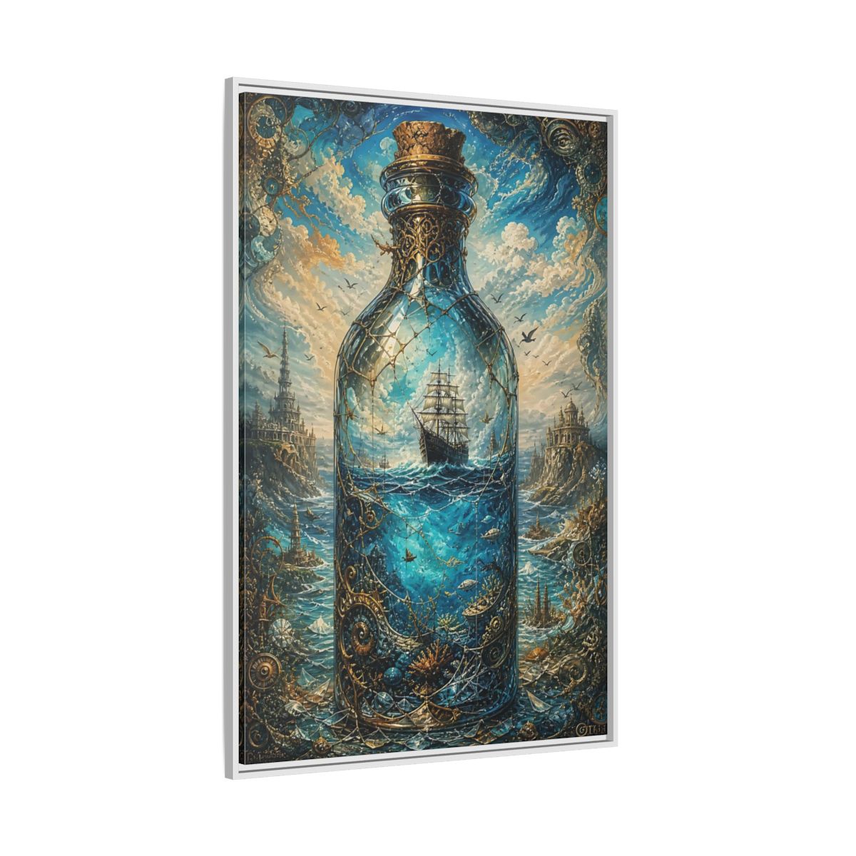Side Mockup 7. Science Fiction Ship In Bottle Blue Gold Fantasy shown as stretched canvas wall art