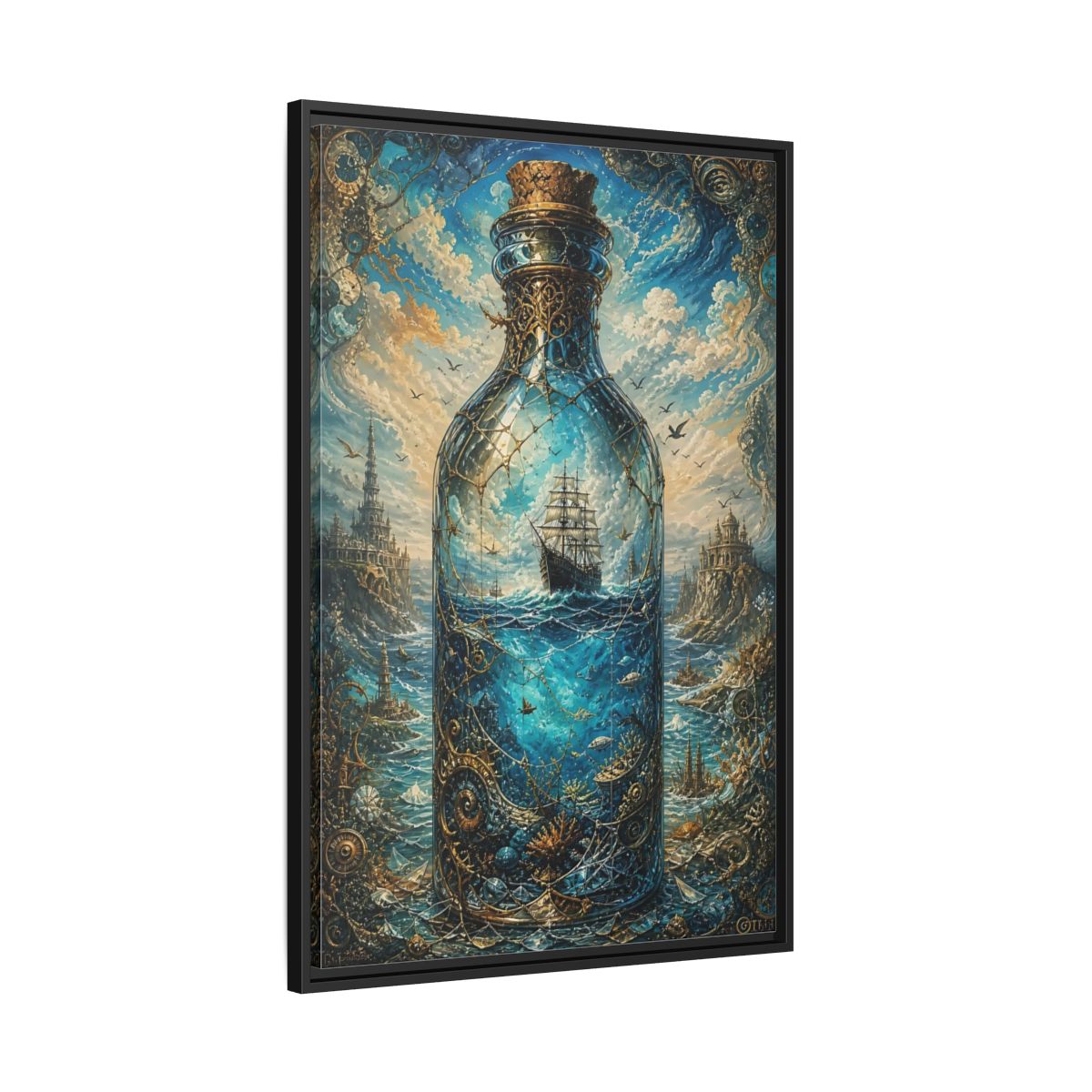 Side Mockup 13. Science Fiction Ship In Bottle Blue Gold Fantasy shown as stretched canvas wall art