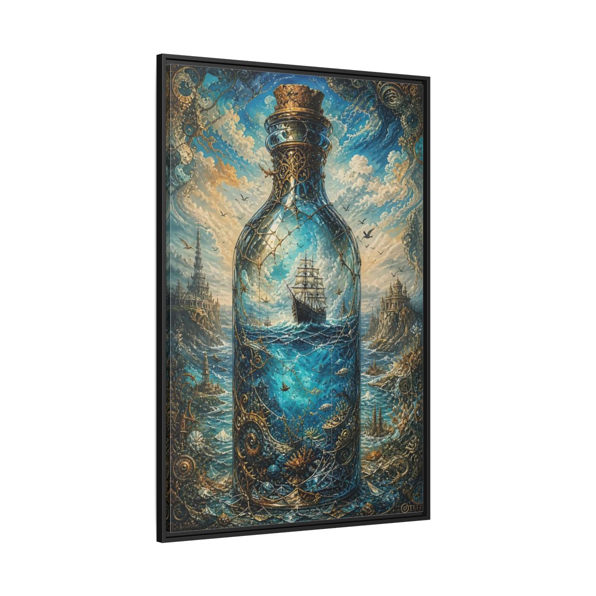 Side Mockup 12. Science Fiction Ship In Bottle Blue Gold Fantasy shown as stretched canvas wall art