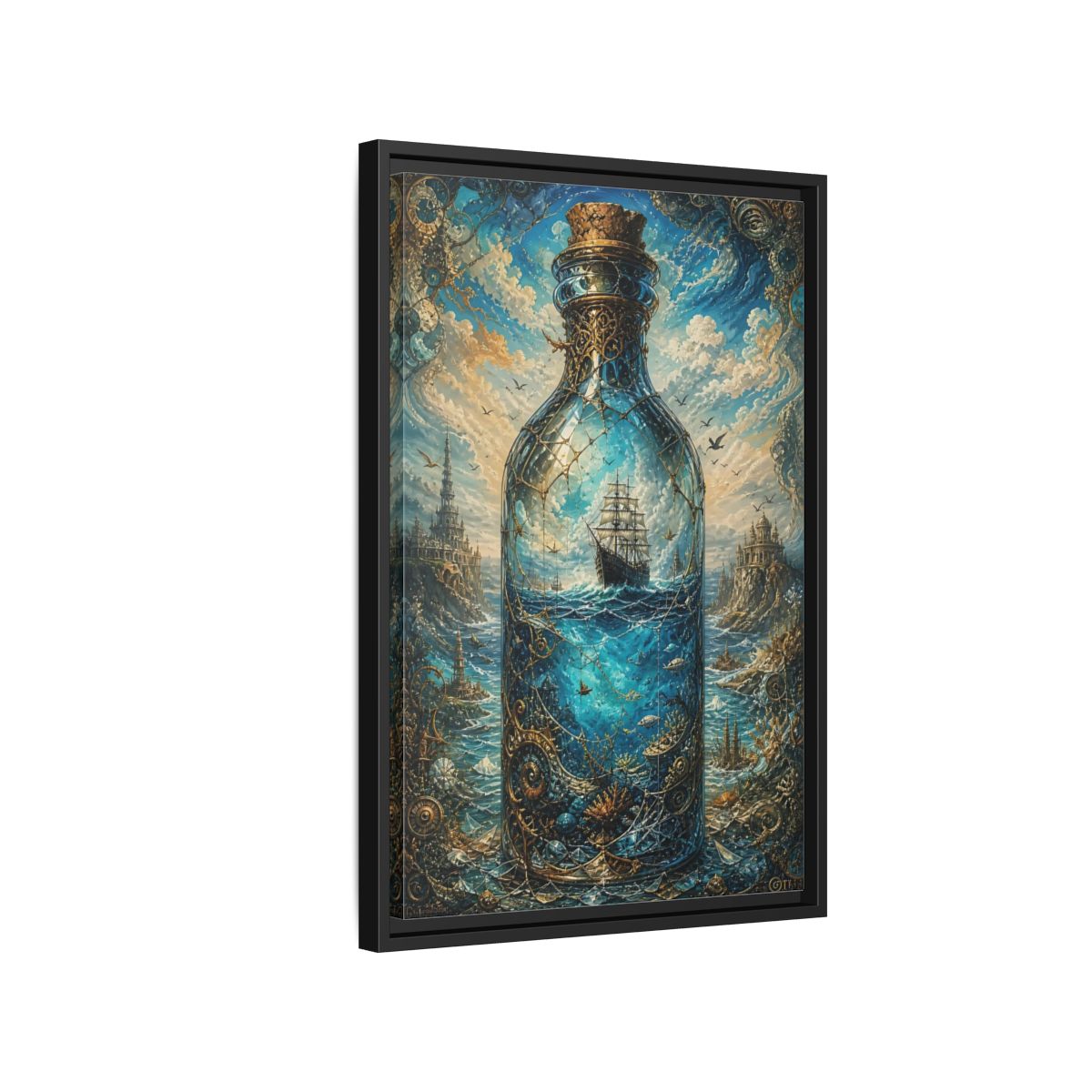 Side Mockup 3. Science Fiction Ship In Bottle Blue Gold Fantasy shown as stretched canvas wall art
