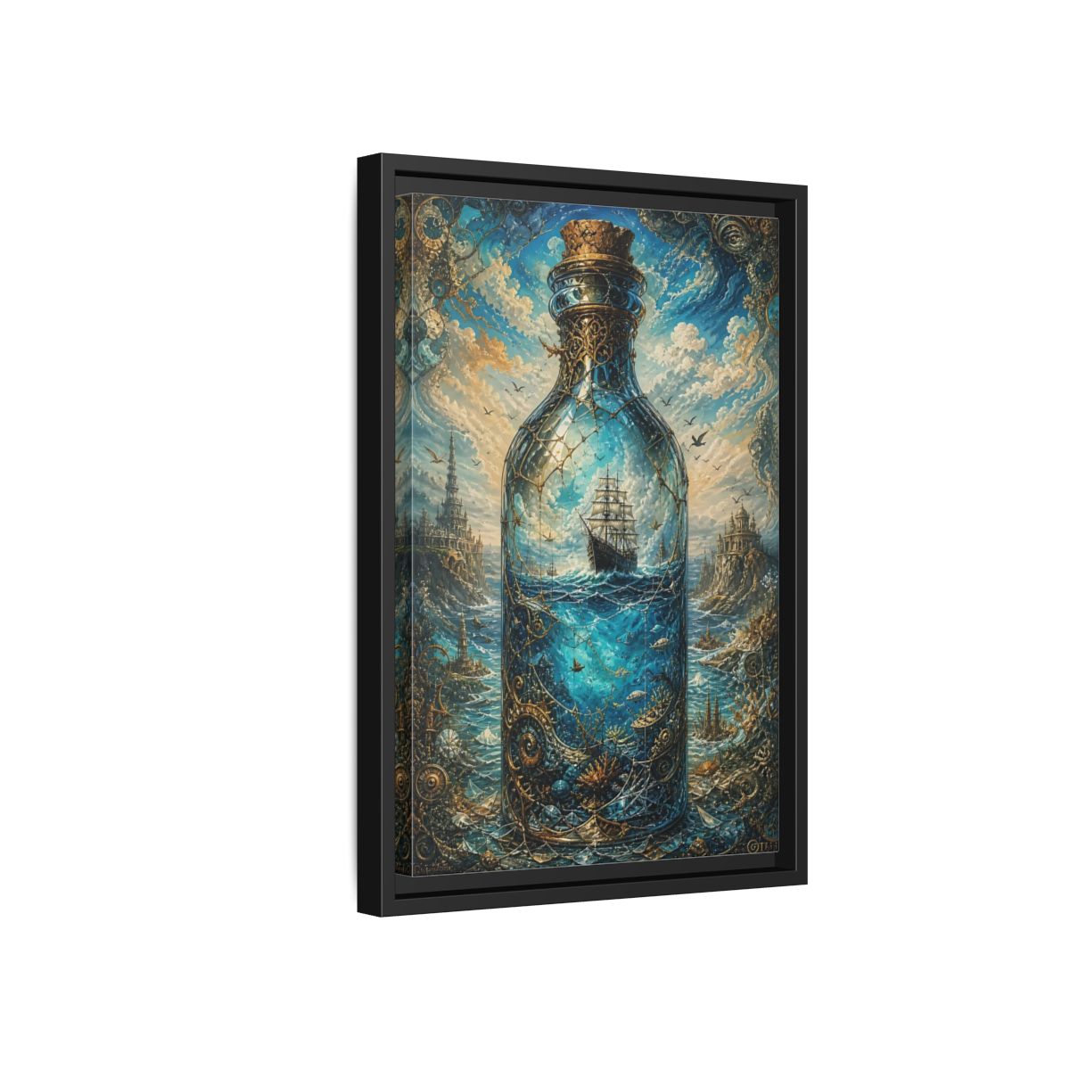 Side Mockup 6. Science Fiction Ship In Bottle Blue Gold Fantasy shown as stretched canvas wall art