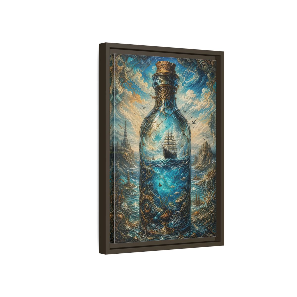 Side Mockup 5. Science Fiction Ship In Bottle Blue Gold Fantasy shown as stretched canvas wall art