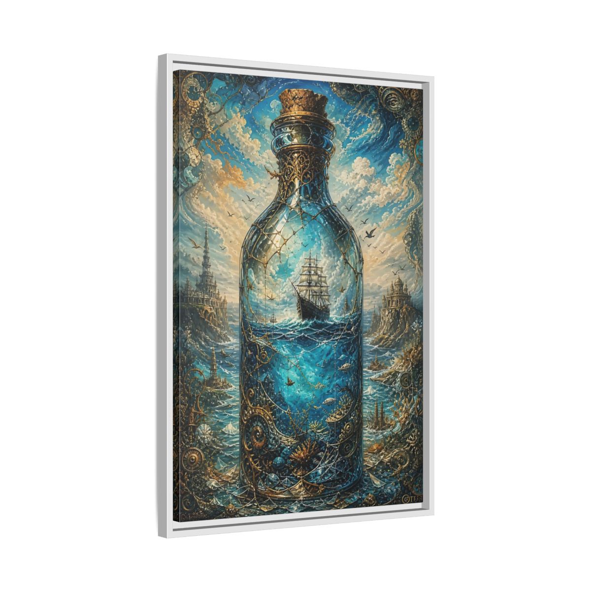 Side Mockup 10. Science Fiction Ship In Bottle Blue Gold Fantasy shown as stretched canvas wall art