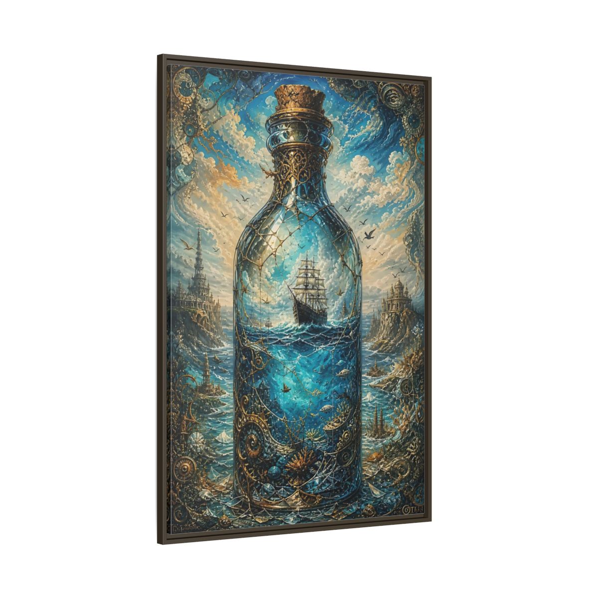 Side Mockup 8. Science Fiction Ship In Bottle Blue Gold Fantasy shown as stretched canvas wall art