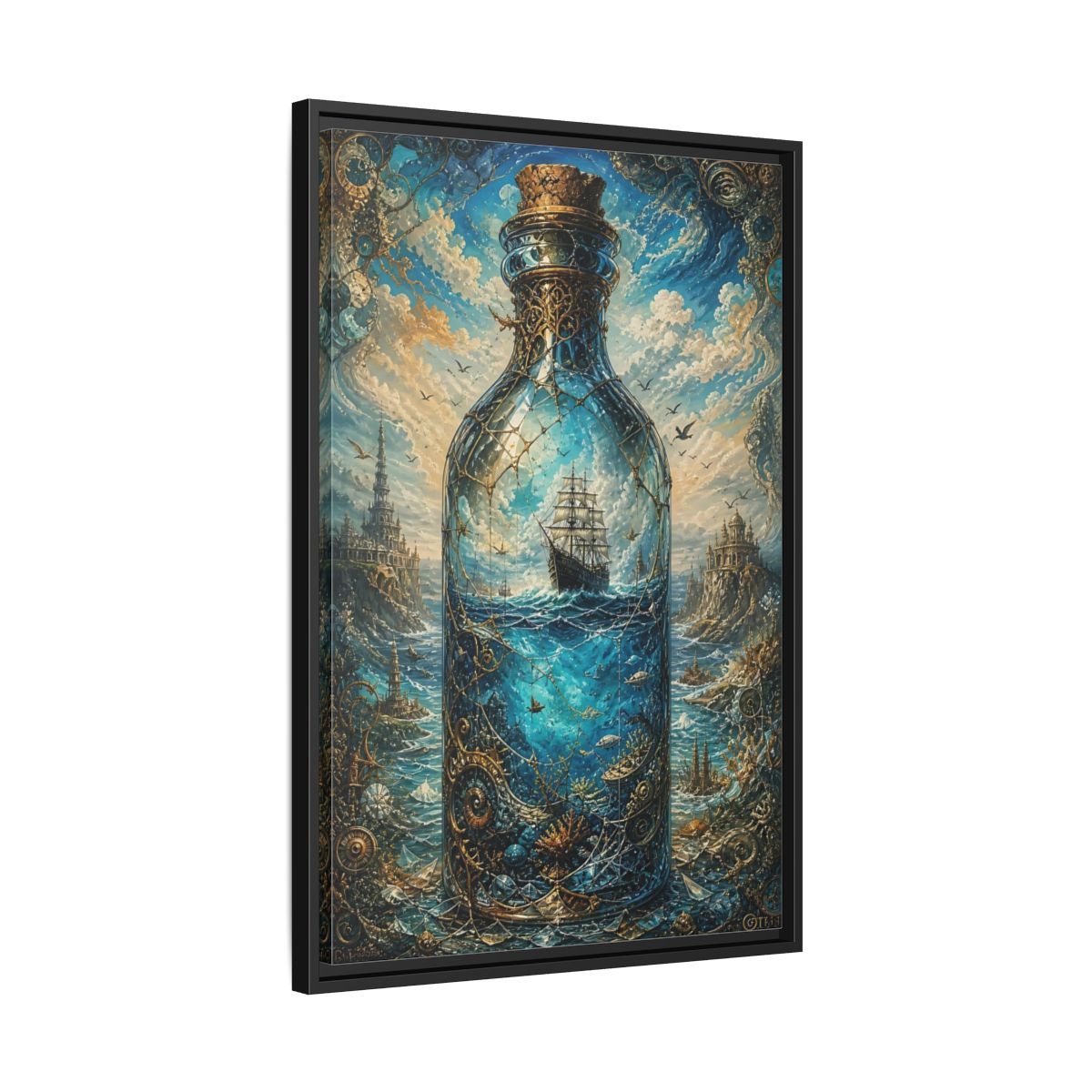 Side Mockup 14. Science Fiction Ship In Bottle Blue Gold Fantasy shown as stretched canvas wall art