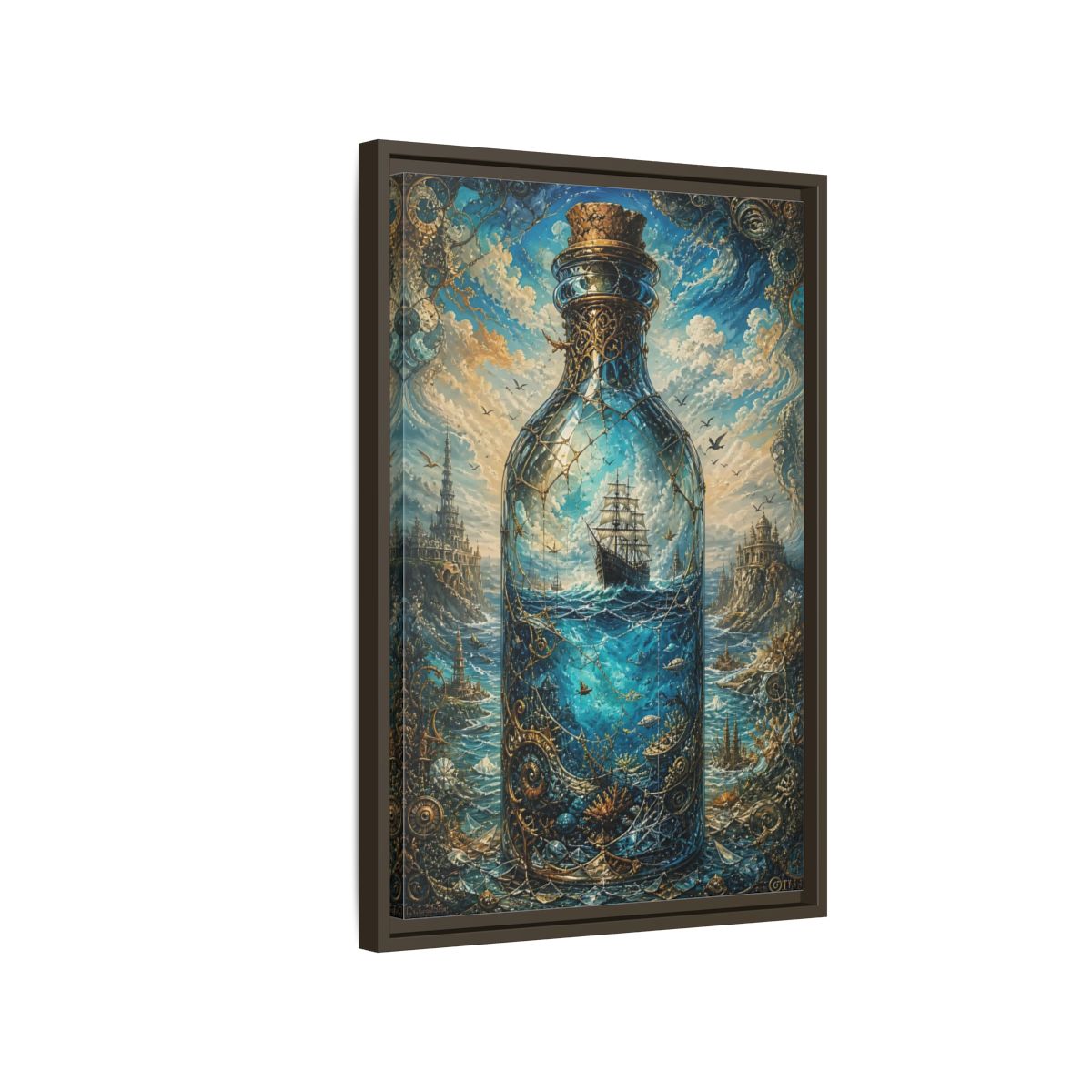 Side Mockup 2. Science Fiction Ship In Bottle Blue Gold Fantasy shown as stretched canvas wall art