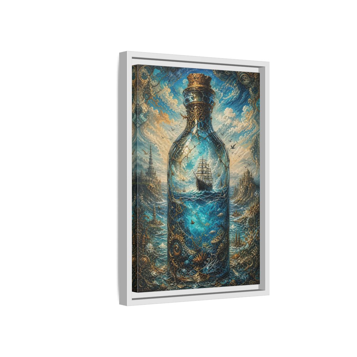 Side Mockup 4. Science Fiction Ship In Bottle Blue Gold Fantasy shown as stretched canvas wall art