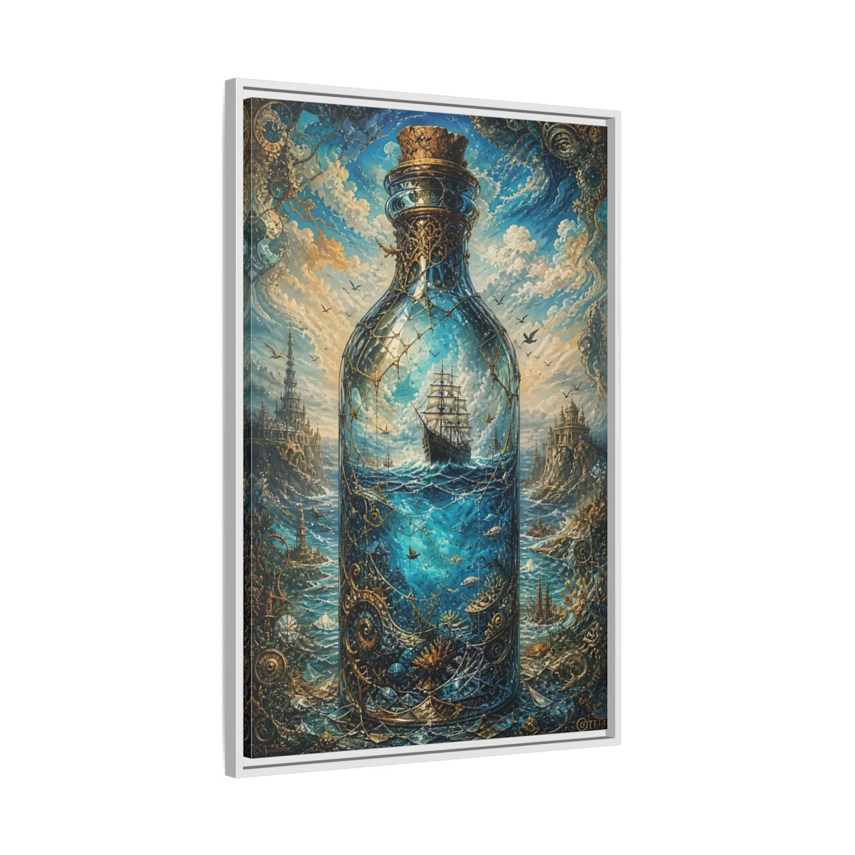 Side Mockup 9. Science Fiction Ship In Bottle Blue Gold Fantasy shown as stretched canvas wall art