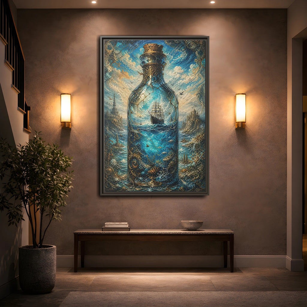 Mockup 2. Science Fiction Ship In Bottle Blue Gold Fantasy shown as stretched canvas wall art
