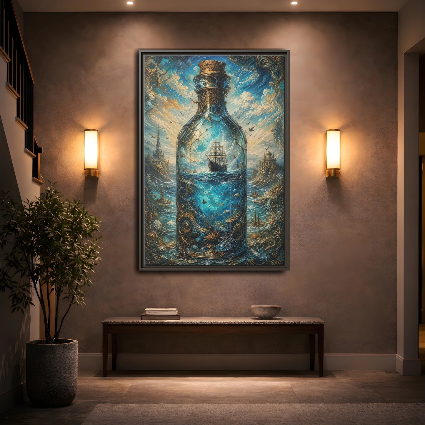 Science Fiction Ship in Bottle Blue Framed Canvas Wall Art - Living Room Decor, Above Console Table shown as canvas wall art