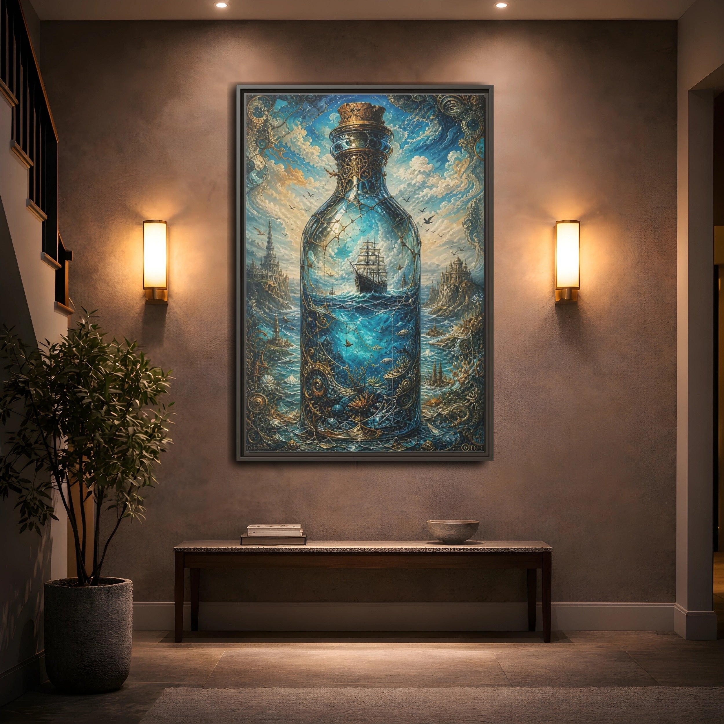 Mockup 2. Science Fiction Ship In Bottle Blue Gold Fantasy shown as stretched canvas wall art