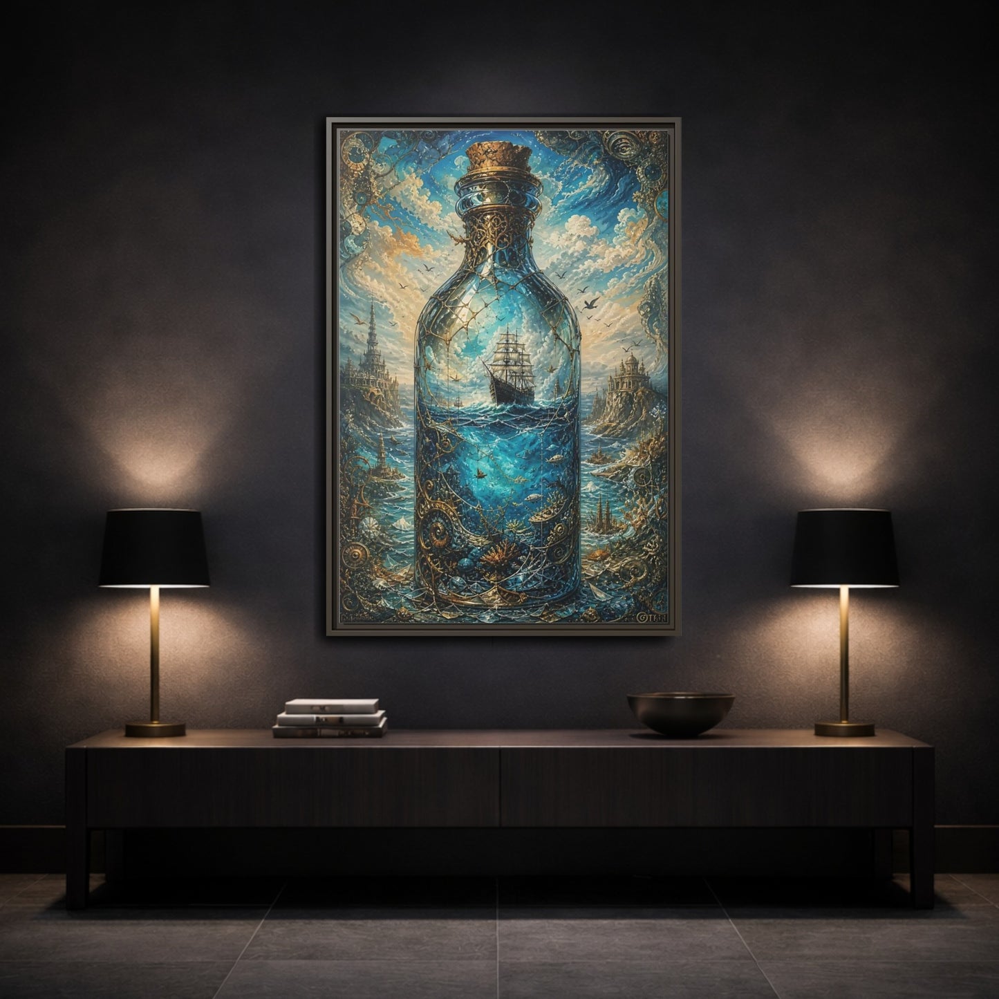 Science Fiction Ship in Bottle Blue Framed Canvas Wall Art - Living Room Decor, Above Console Table shown as canvas wall art