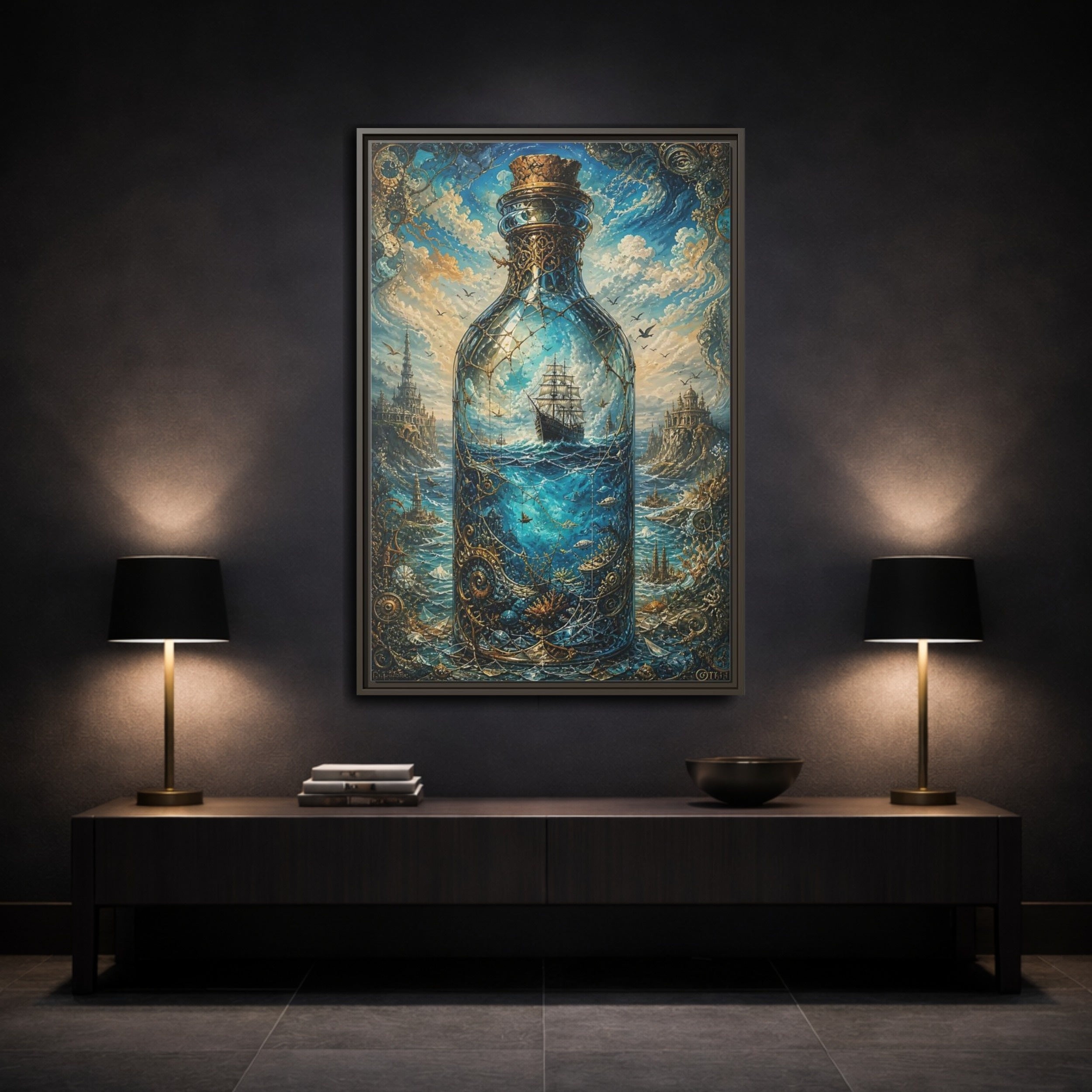 Mockup 3. Science Fiction Ship In Bottle Blue Gold Fantasy shown as stretched canvas wall art