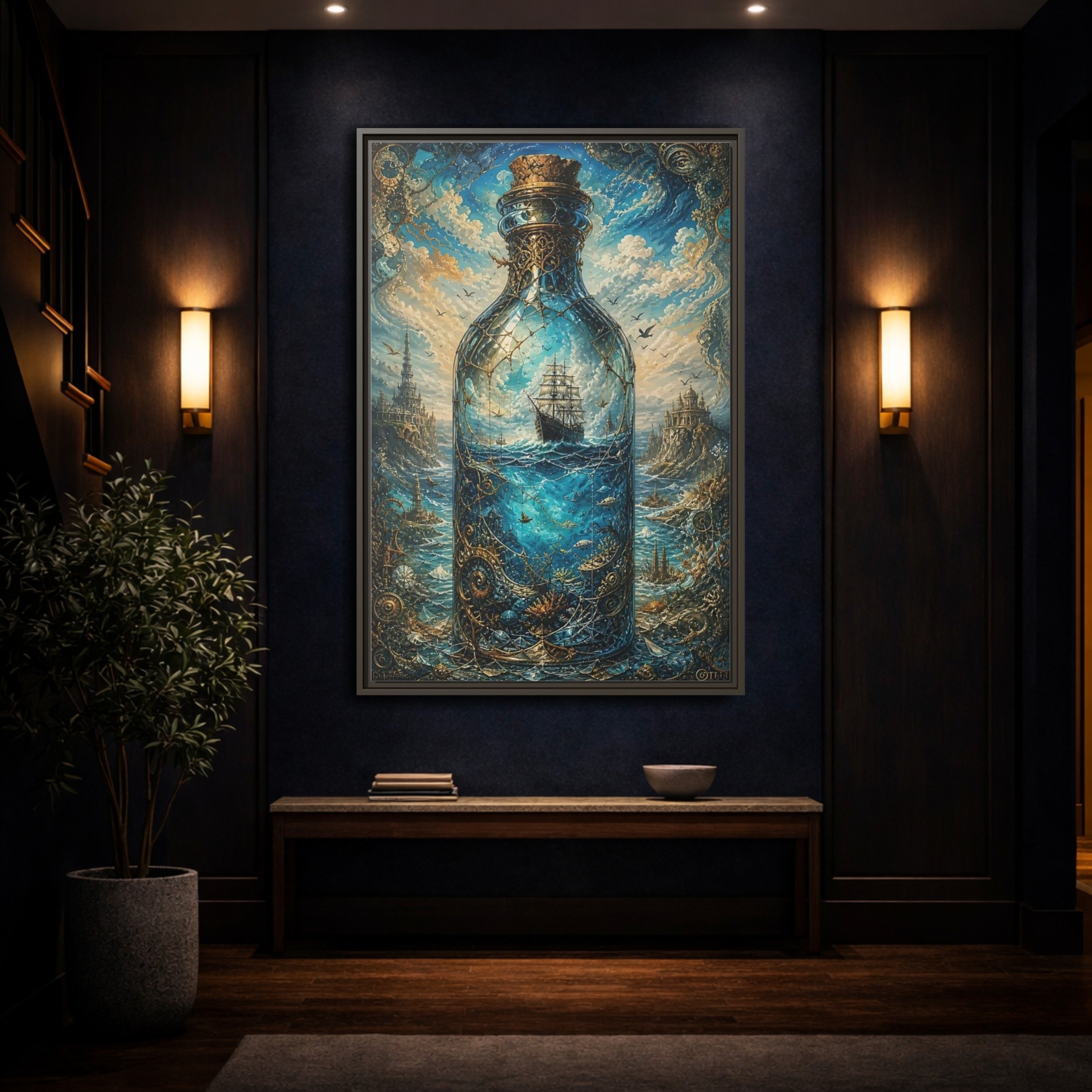 Mockup 4. Science Fiction Ship In Bottle Blue Gold Fantasy shown as stretched canvas wall art